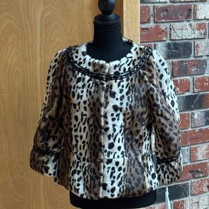 Terry Lewis Faux Fur Cropped Leopard Print Jacket with Bead and Lace Detail